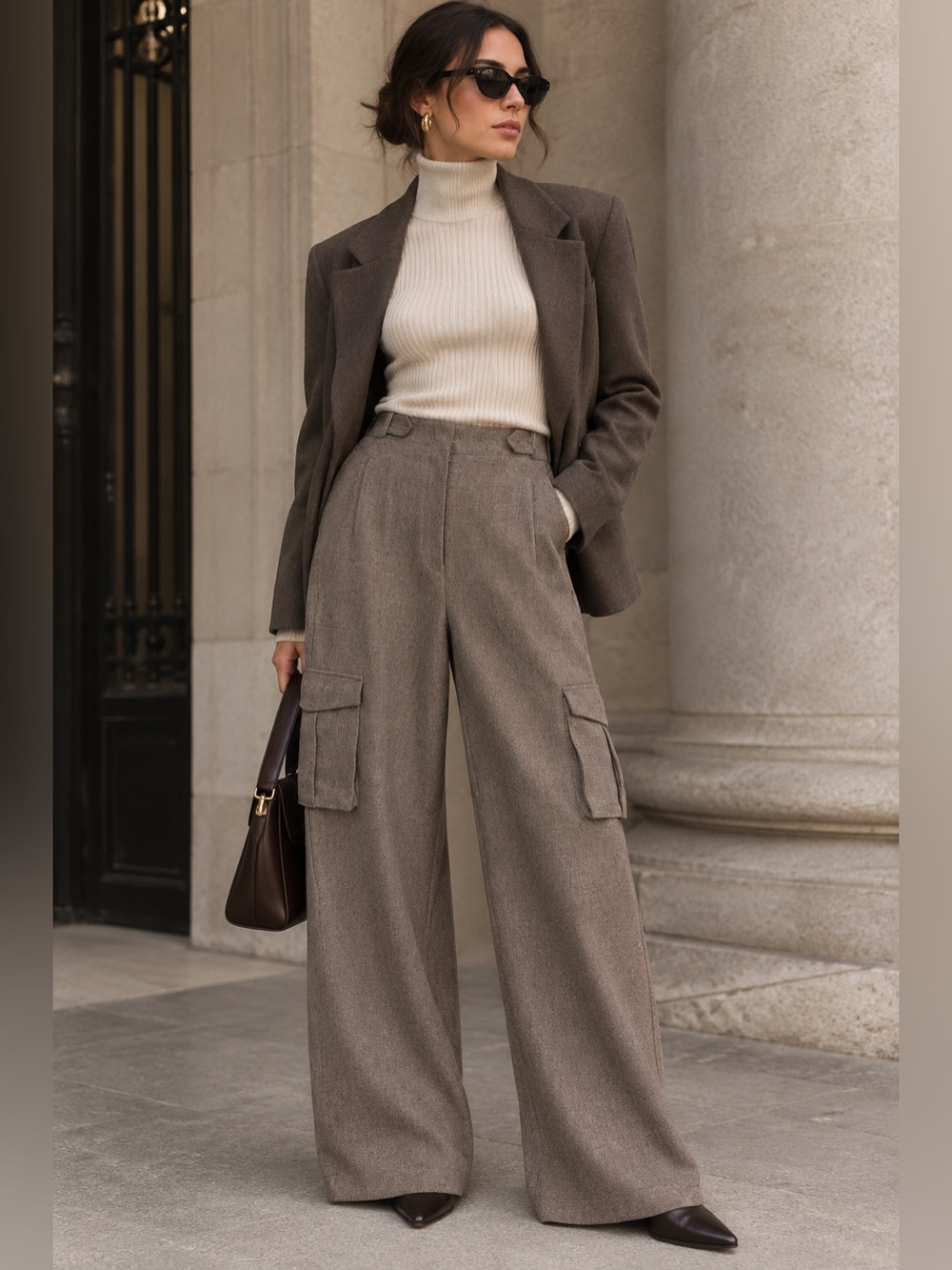 Torn by Ronny Kobo Taupe High-Waisted Wide-Leg Cargo Trousers L NWT
